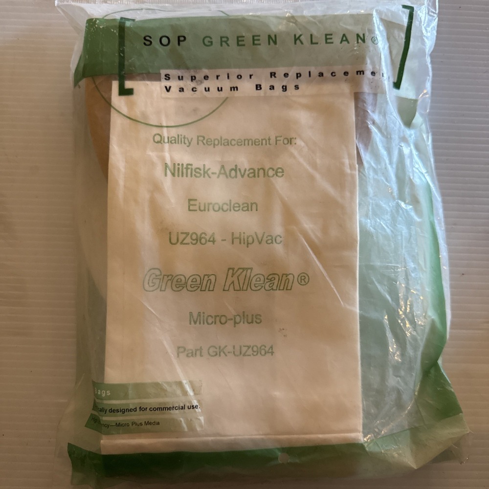 (1) Bag Of  10 SOP Green Klean Euroclean UZ964 Hip Vac Replacement Vacuum Bags